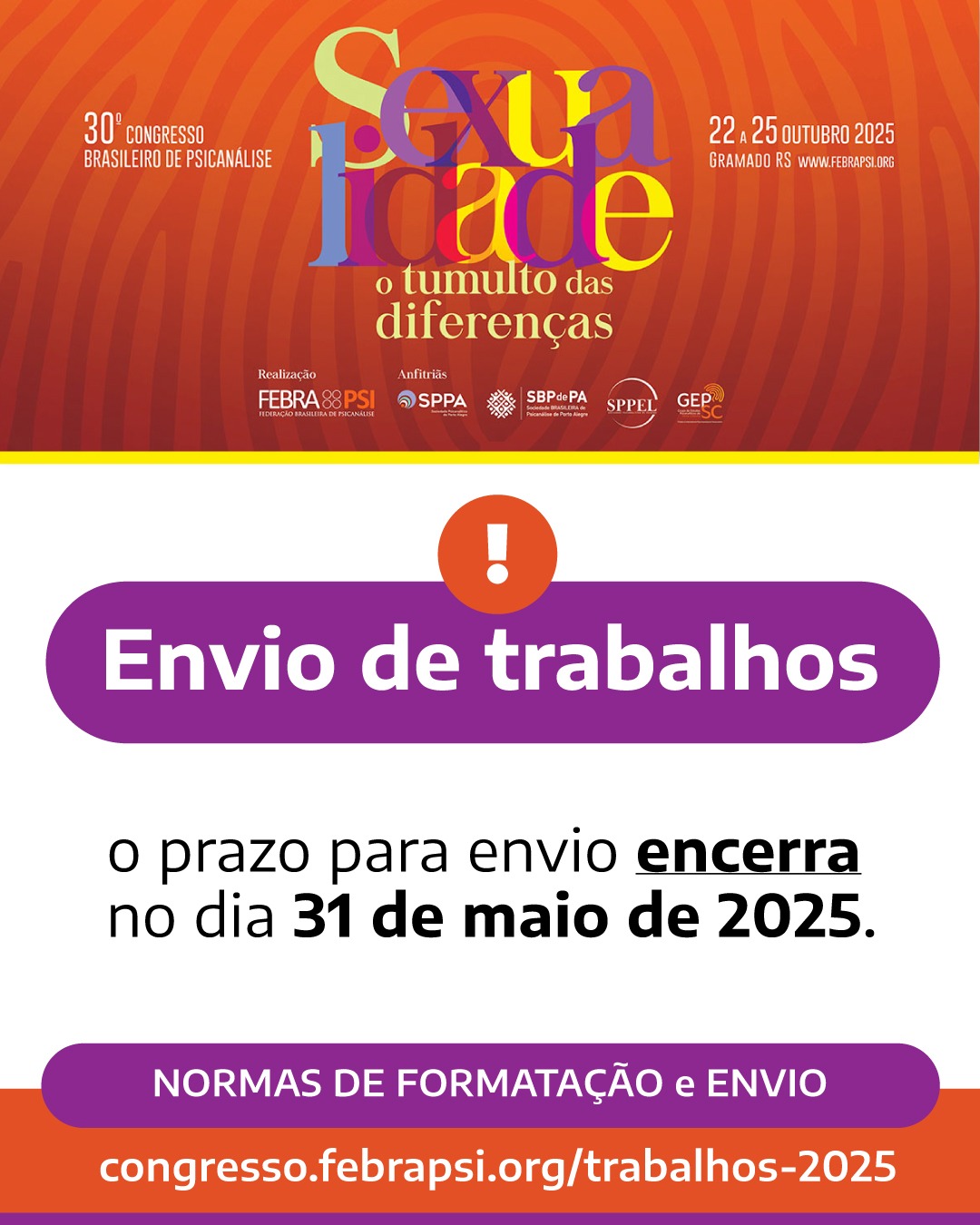 Prazo para envio de trabalhos para o 30º Congresso Brasileiro de Psicanálise